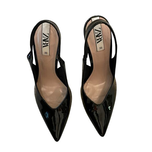 ZARA Black Patent Leather Pointed Toe Sling-Back Pumps High Heels Size 39 US 8.5 - Picture 3 of 13